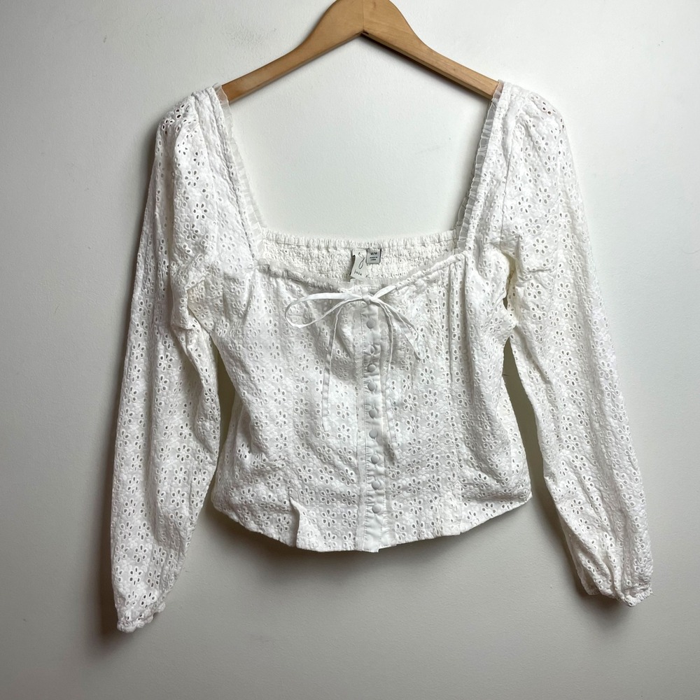 Joie White Eyelet Cotton Milkmaid Blouse Lace Tie Sz M Ren Faire Octoberfest Top